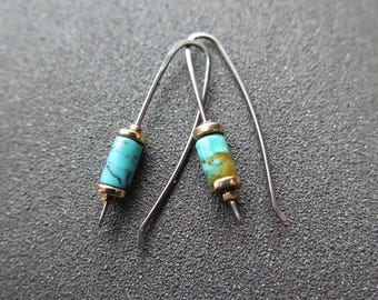 real turquoise earrings in grey niobium wire and gold hematite stones. nickel free jewelry.