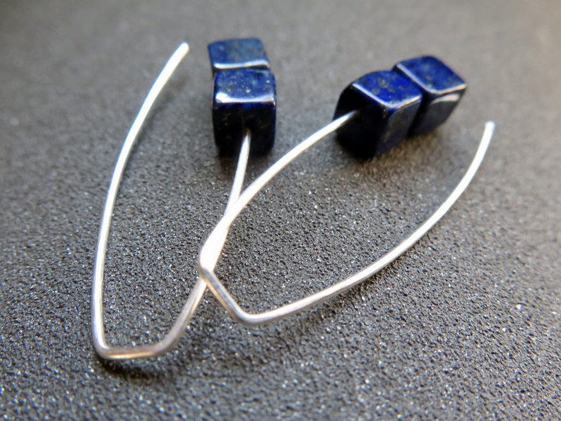 lapis earrings sterling silver. cobalt blue earring. lapis lazuli jewelry. 1 1/2 drop earrings. hypoallergenic jewellery. image 6