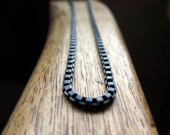 mens box chain necklace. anodized aluminum jewelry. black necklace with silver edge. made in Canada.