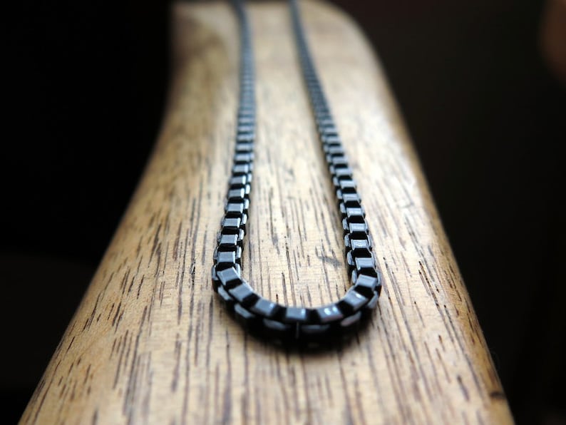 mens box chain necklace. anodized aluminum jewelry. black necklace with silver edge. made in Canada. image 1