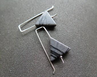 unique picasso jasper earrings. gray and black stone earrings. contemporary triangle earrings. splurge.