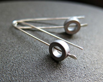 modern silver earrings. circle hematite jewellery. simple earrings. Canadian jewelry.