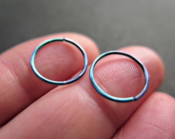 Sample Sale anodized niobium hoop earrings in blue and green. 12mm 20 gauge hoops. small niobium earrings