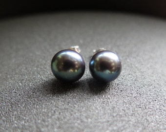 peacock black pearl earrings. pearl studs. 6.5mm to 7mm pearls on sterling silver posts.