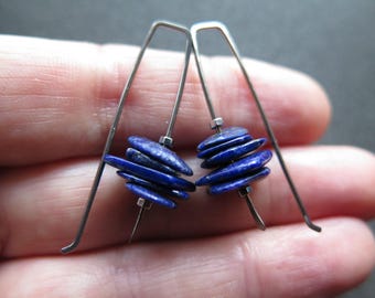 modern blue lapis earrings. grey niobium wires for sensitive ears. lapis lazuli jewellery.