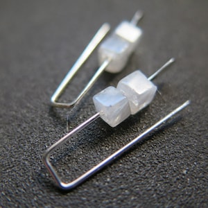 small moonstone earrings. white gemstone jewelry. geometric jewellery. Canadian seller. stone cube earrings