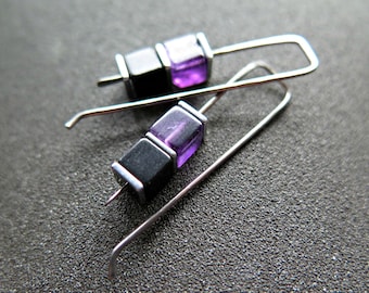 amethyst and black onyx earrings with hematite. hypoallergenic niobium for sensitive ears. modern cube jewelry.