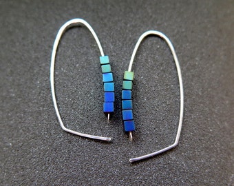 peacock jewelry. cube hematite earrings. indigo, blue and green hoops in sterling silver wire.