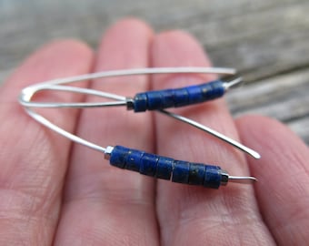 genuine lapis lazuli earrings. deep blue gemstone jewelry. modern sterling silver earrings. splurge designs.