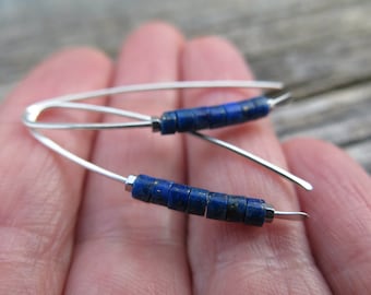 genuine lapis lazuli earrings. deep blue gemstone jewelry. modern sterling silver earrings.