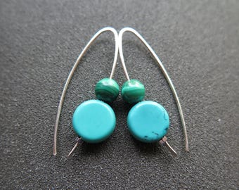 turquoise earrings with emerald green malachite stones. sterling silver earwires. handmade in Calgary.