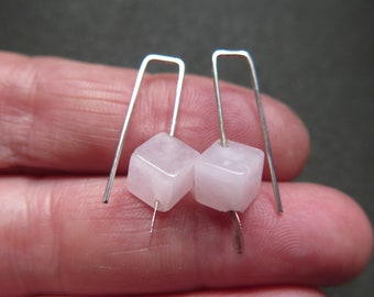 small rose quartz earrings in pale pink and silver. quartz jewelry. cube earrings for women
