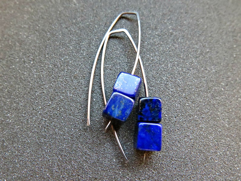 lapis earrings sterling silver. cobalt blue earring. lapis lazuli jewelry. 1 1/2 drop earrings. hypoallergenic jewellery. image 7