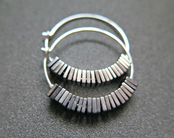 sterling silver hoop earrings. hematite jewelry. geometric hoops with square stones.