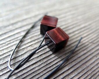 oxblood red tiger eye earrings. black jewelry. natural stone jewellery.