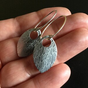 feather earring in anodized aluminum. sterling silver dangle earrings. image 3