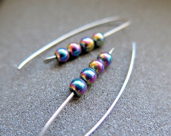 rainbow hematite earrings in hypoallergenic niobium. Canadian seller.