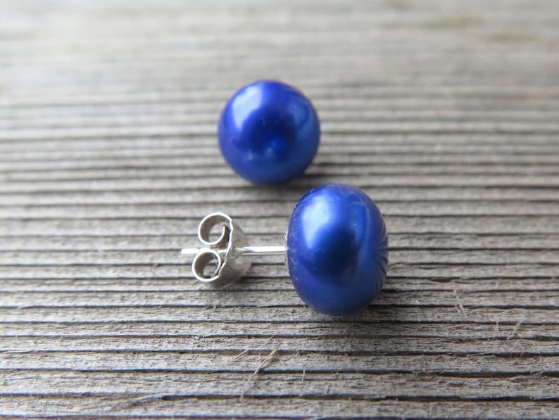 sterling silver earings birthstone jewelry sapphire blue pearl earrings freshwater pearl studs.