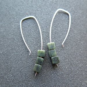 Canadian jade earrings. green jade jewelry. modern cube earrings in sterling silver.