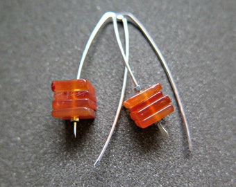 carnelian earrings in sterling silver. burnt orange jewelry. natural square stone beads.