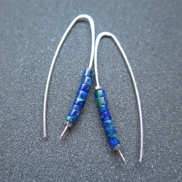 azurite malachite earrings. cobalt blue sterling silver earrings. malachite jewelry. modern stone jewelry. gift for Mom.