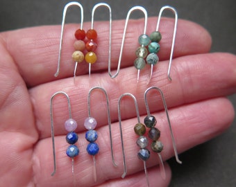 your choice of small gemstone earrings. natural gemstone jewelry made in Calgary, Canada. asymmetrical earrings.