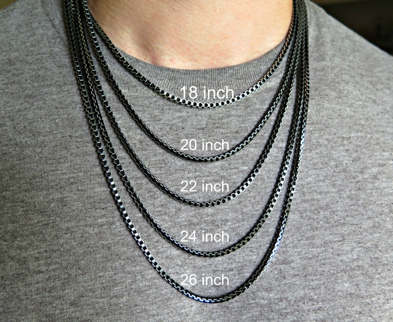 mens box chain necklace. anodized aluminum jewelry. black necklace with silver edge. made in Canada. image 3