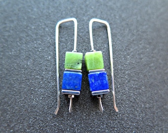 lapis lazuli and green jade earrings with hematite. natural blue and green stones. modern cube jewelry.