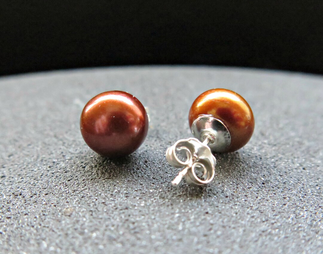 Copper Pearl Earrings. Brown Pearl Studs. Canadian Seller. Etsy