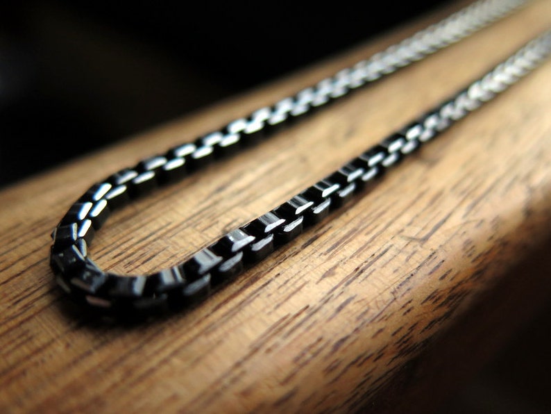 mens box chain necklace. anodized aluminum jewelry. black necklace with silver edge. made in Canada. image 5