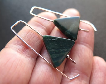 real forest green jasper earrings. contemporary triangle earrings. made in Calgary, Alberta. splurge.