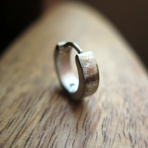 silver hoop earring for men. men's jewelry in hand brushed stainless steel. huggie hoops.