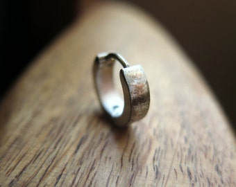 silver hoop earring for men. men's jewelry in hand brushed stainless steel. huggie hoops.