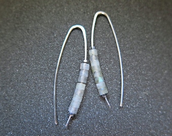 grey labradorite earrings. simple stone jewelry. natural gemstone jewellery. modern threader earrings