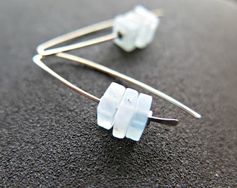 aquamarine earrings in sterling silver. sky blue natural square gemstone beads. handmade in Calgary Alberta.