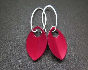 crimson red earrings in sterling silver. red jewellery. sterling silver dangle earings.