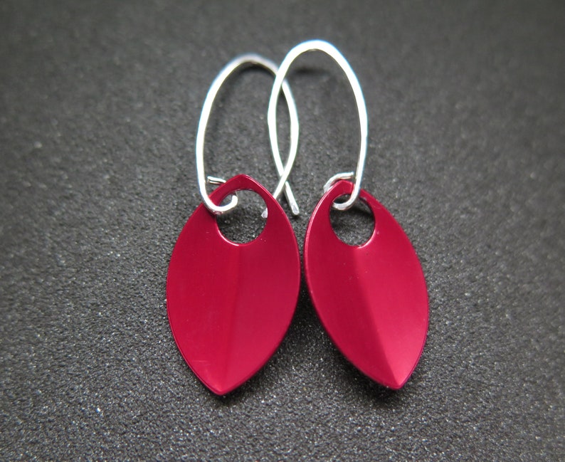crimson red earrings in sterling silver. red jewellery. sterling silver dangle earings. image 1