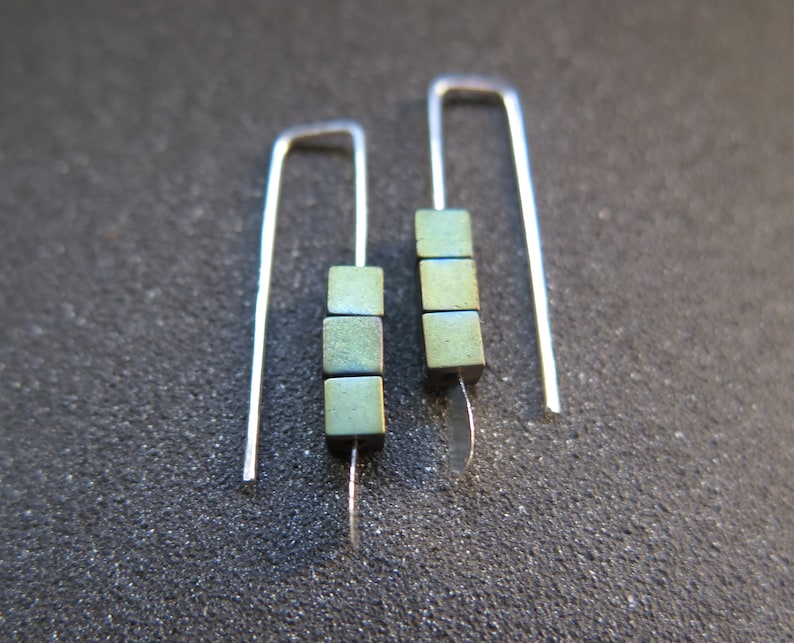 small hematite earrings. green jewelry. geometric jewellery. Canadian seller. 1 inch earrings. image 4