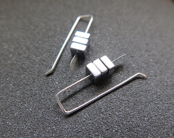 small silver earrings. simple modern earings. hematite jewelry.