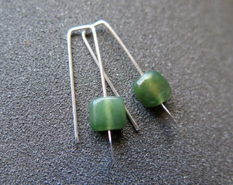 irregular cut green jade earrings. Canadian jade jewelry. small natural jade earrings.