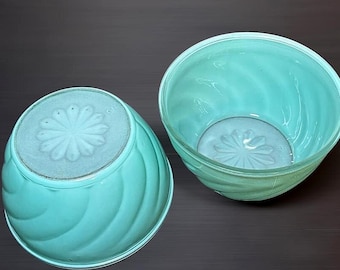 Pair of Vintage Sue Bee Honey Turquoise Blue Glass Swirl Bowls