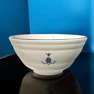 May include: White ceramic bowl with a blue rim and a blue pineapple design. The bowl has a wide, rounded shape and sits on a dark surface. The pineapple design is centered on the bowl's exterior.