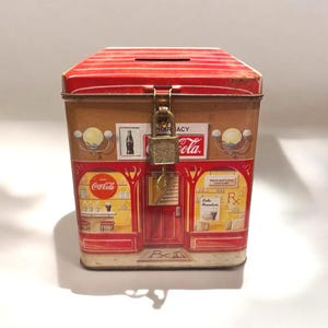 Vintage Metal Coca-Cola Pharmacy Money Coin Bank with Lock & Key