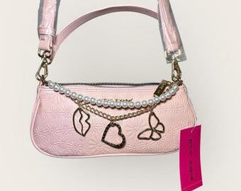 Betsey Johnson Embossed Floral Shoulder Bag with Gold Charms & Faux Pearls NWT