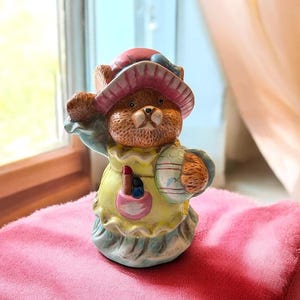 Vintage Ceramic Teddy Bear with Pink Hat Money Coin Bank