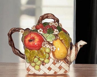 Vintage Ceramic Hand-Painted Fruit Basket Teapot