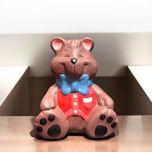 Vintage Ceramic Teddy Bear with Vest & Bow Tie Money Coin Bank