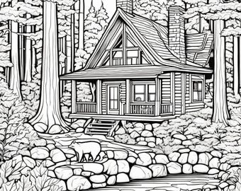 Log Cabin in the Woods 4 Coloring Pages - Etsy