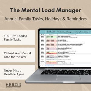 Peut inclure: Un ordinateur portable affiche un planificateur numérique intitulé "The Mental Load Manager". L'écran montre une liste de tâches familiales annuelles, de vacances et de rappels. Le texte comprend "100+ tâches familiales préchargées" et "Ne manquez plus jamais une échéance".