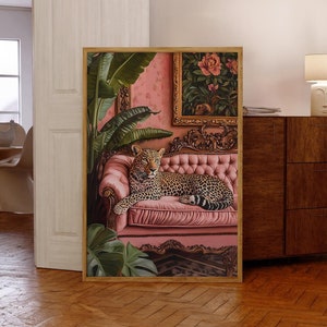 Affiche léopard sur canapé rose, art mural léopard, décoration murale maximaliste, imprimé léopard de la jungle, impressions maximalistes vibrantes - impression physique